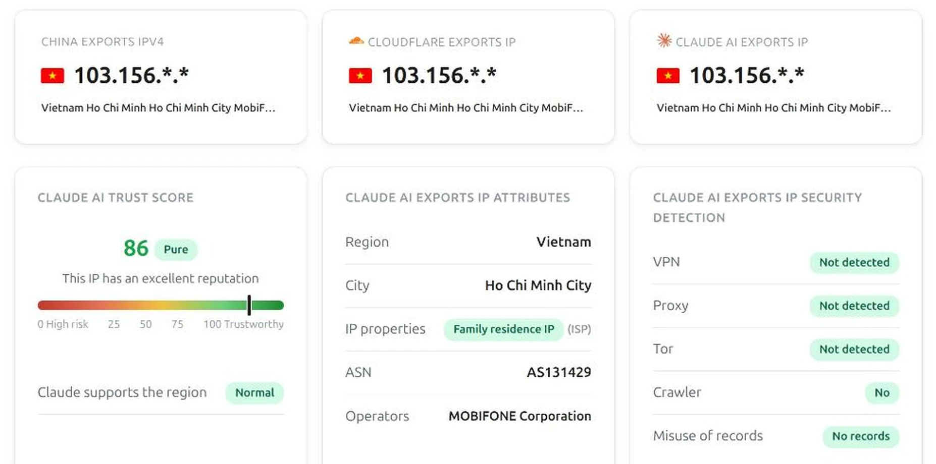 Kết quả kiểm tra IP Claude Kết quả kiểm tra IP cho Claude trên ip.net.coffee: điểm tin cậy 86, IP mạng nhà, không phát hiện VPN, proxy, Tor
