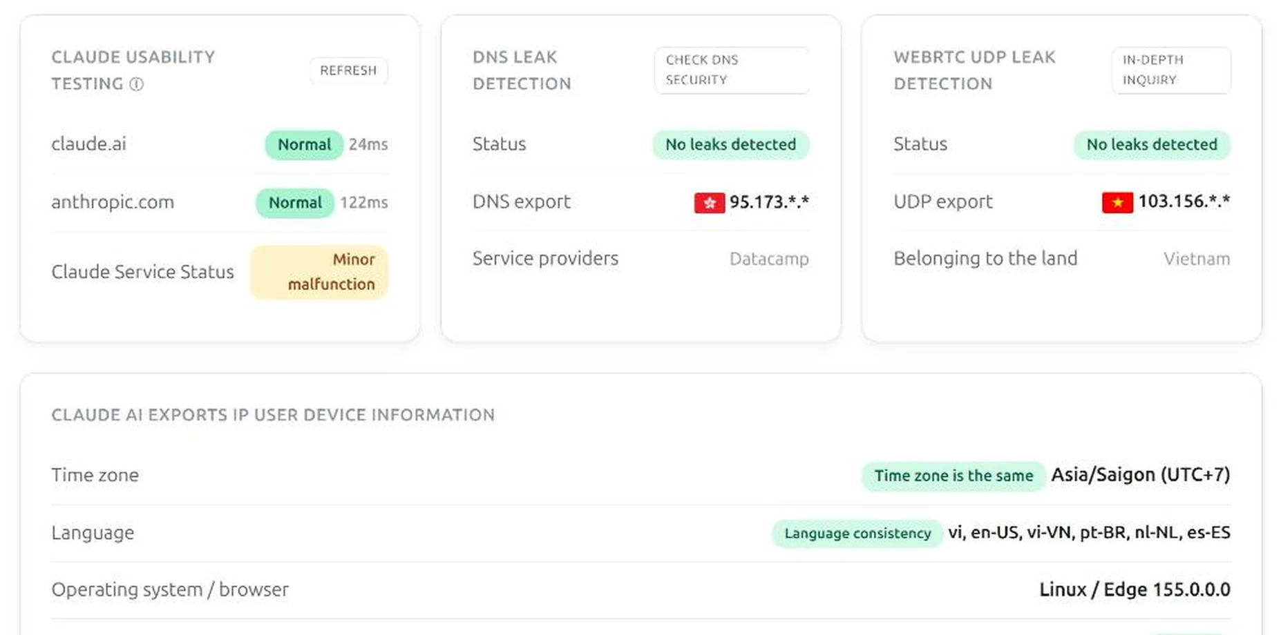 Kiểm tra DNS, WebRTC, múi giờ cho Claude Kiểm tra rò DNS, rò WebRTC, múi giờ và ngôn ngữ cho Claude trên ip.net.coffee