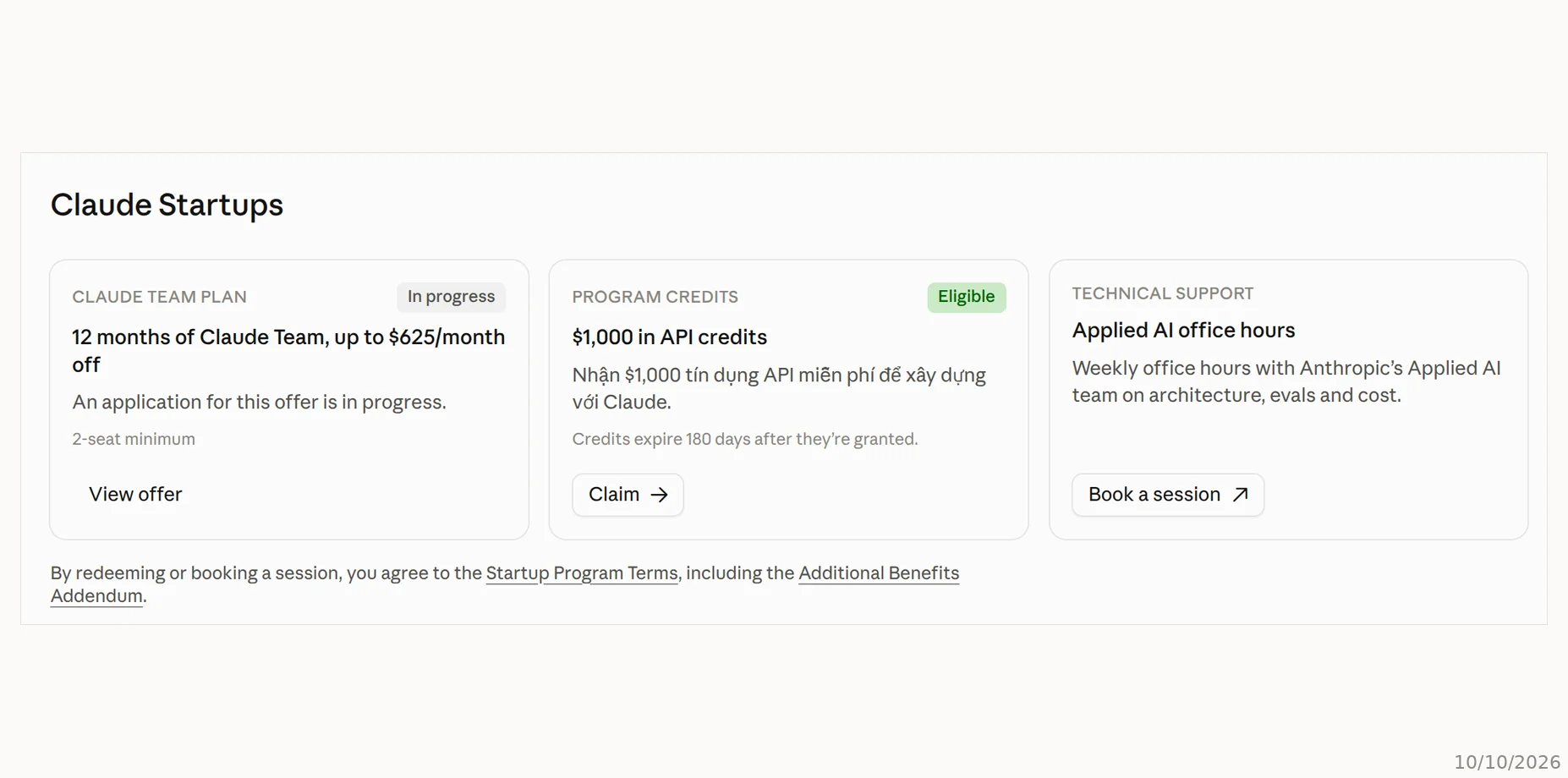 API credit quay về Eligible API credit Claude Startups quay về trạng thái Eligible với nút Claim, Claude Team vẫn In progress