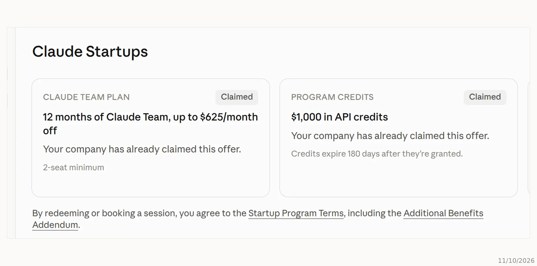 Đã nhận Claude Team và API credit Claude for Startups được duyệt: Claude Team và 1000 USD API credit đều ở trạng thái Claimed trong Console