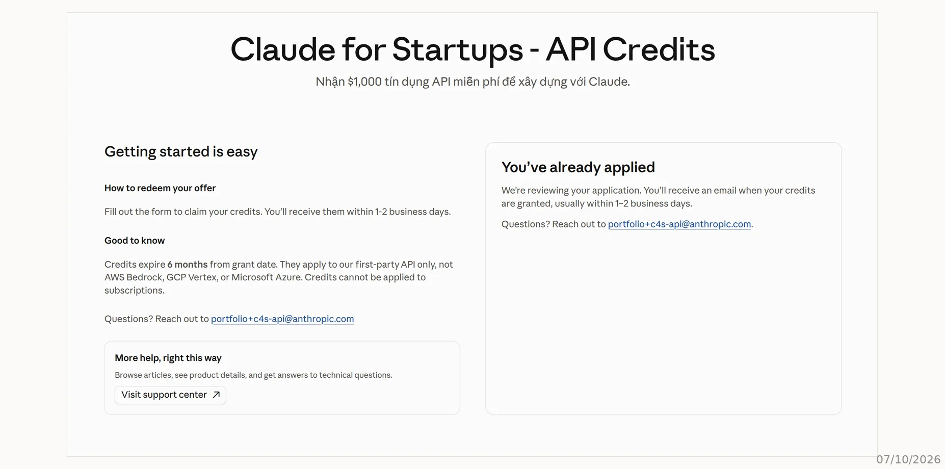 Điều khoản API credit Claude Điều khoản 1000 USD API credit Claude: hết hạn sau 180 ngày, không dùng trên Bedrock, Vertex, Azure, trạng thái đã nộp đơn