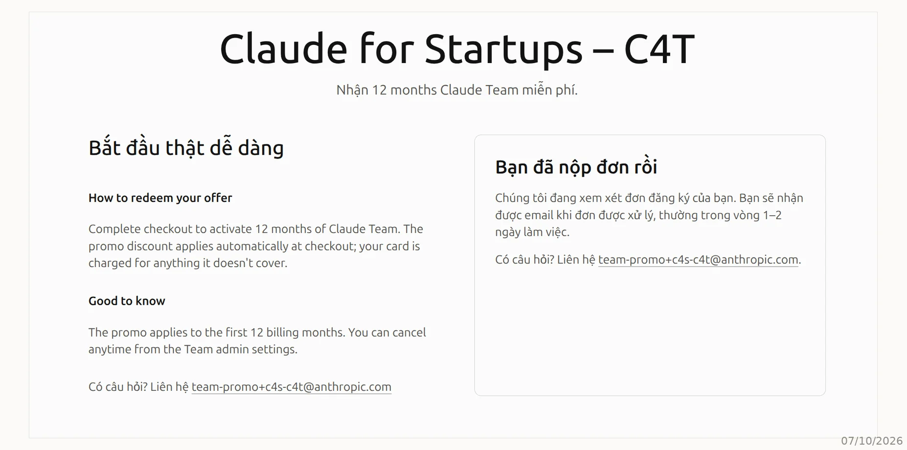 Điều khoản ưu đãi Claude Team Điều khoản ưu đãi Claude Team miễn phí 12 tháng cho startup: giảm tới 625 USD mỗi tháng, tối thiểu 2 seat, trạng thái đã nộp đơn