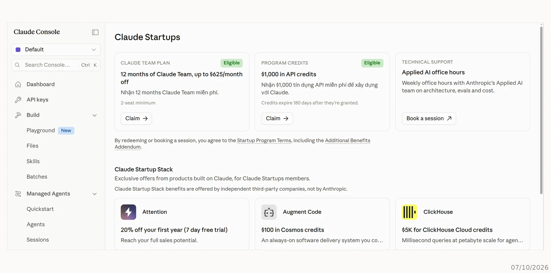 Ưu đãi Claude Startups đủ điều kiện Claude Console hiện ưu đãi Claude for Startups: Claude Team và API credit đều Eligible, kèm Applied AI office hours