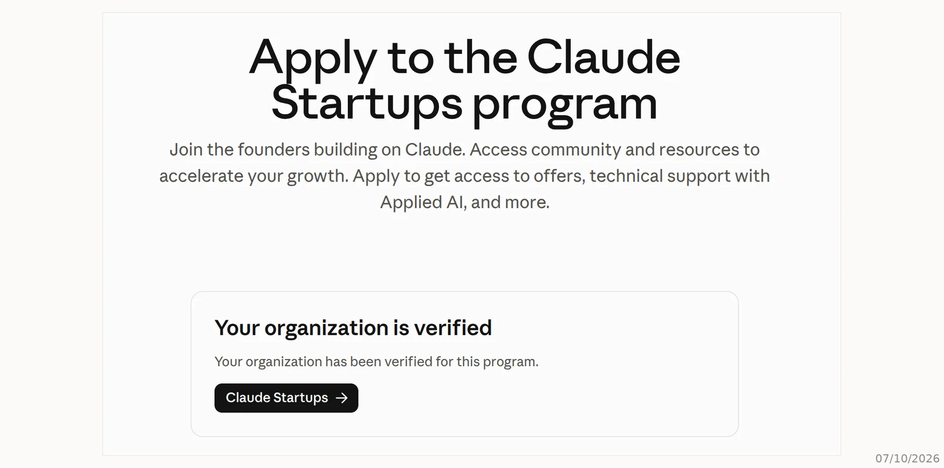Tổ chức đã được xác minh Trang Claude for Startups trong Claude Console báo tổ chức đã được xác minh (Your organization is verified)