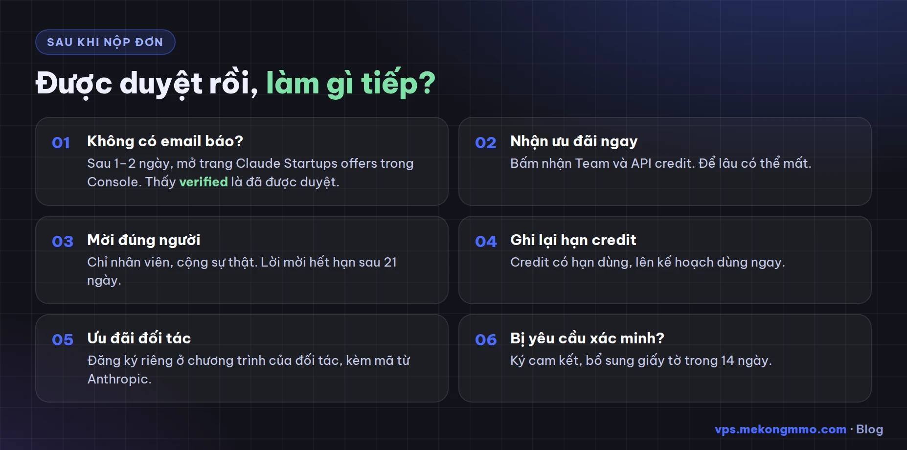 Sau khi nộp đơn Claude Startups Sau khi nộp đơn Claude Startups: kiểm tra trạng thái trong Console, nhận ưu đãi Team và API credit