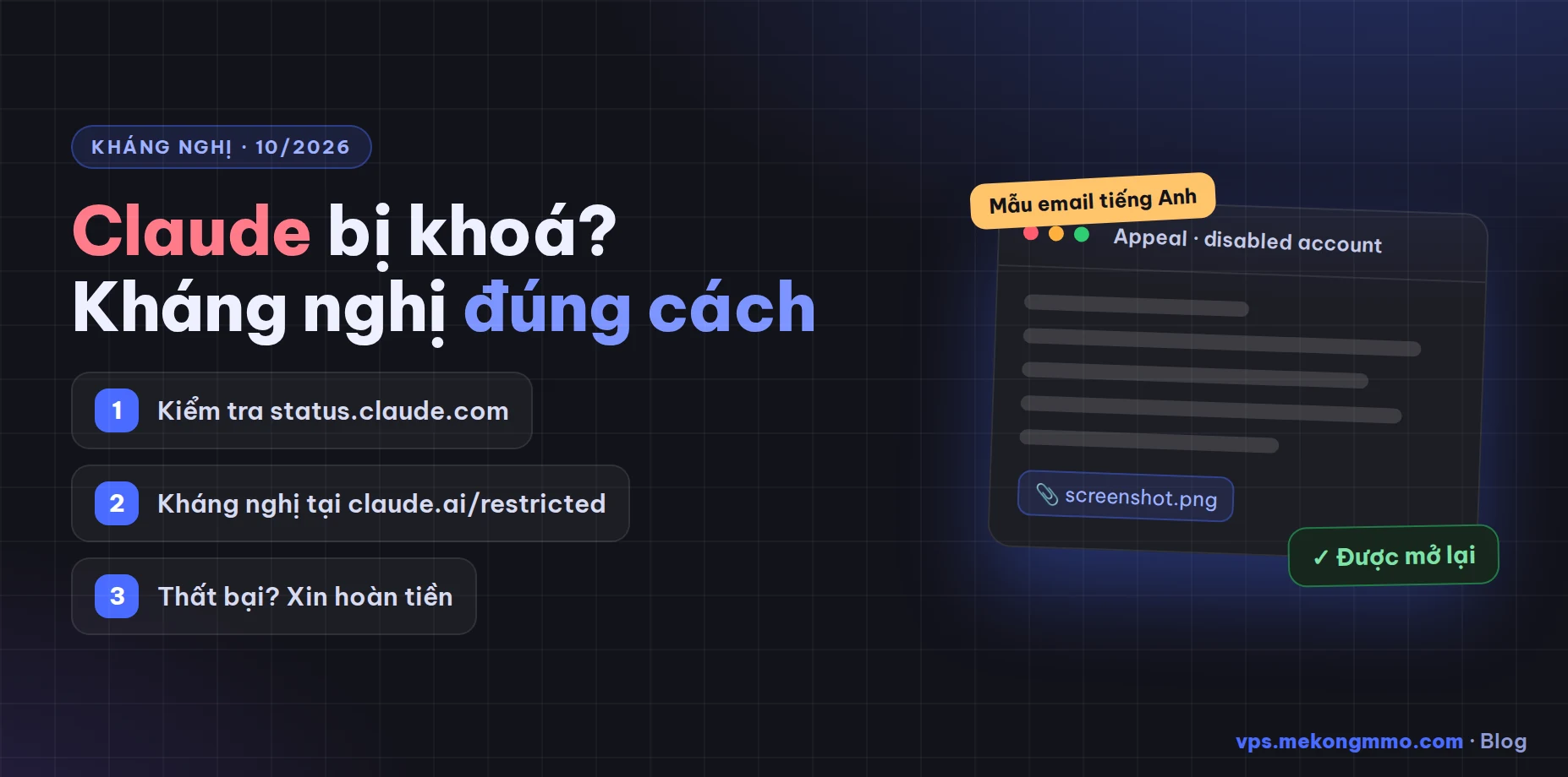 Tài khoản Claude bị khoá: cách kháng nghị, mẫu email và xin hoàn tiền (10/2026)