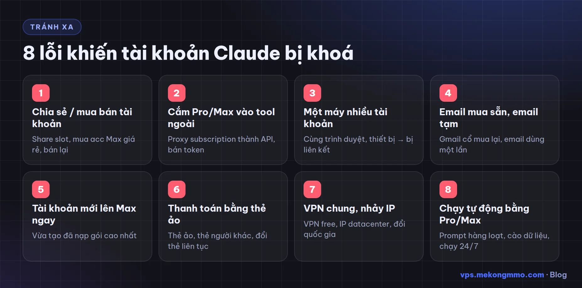 8 nguyên nhân khiến tài khoản Claude bị khoá (ban): chia sẻ tài khoản, tool bên thứ ba, nhiều tài khoản một máy, email mua, thẻ ảo, VPN, chạy tự động bằng gói Pro/Max