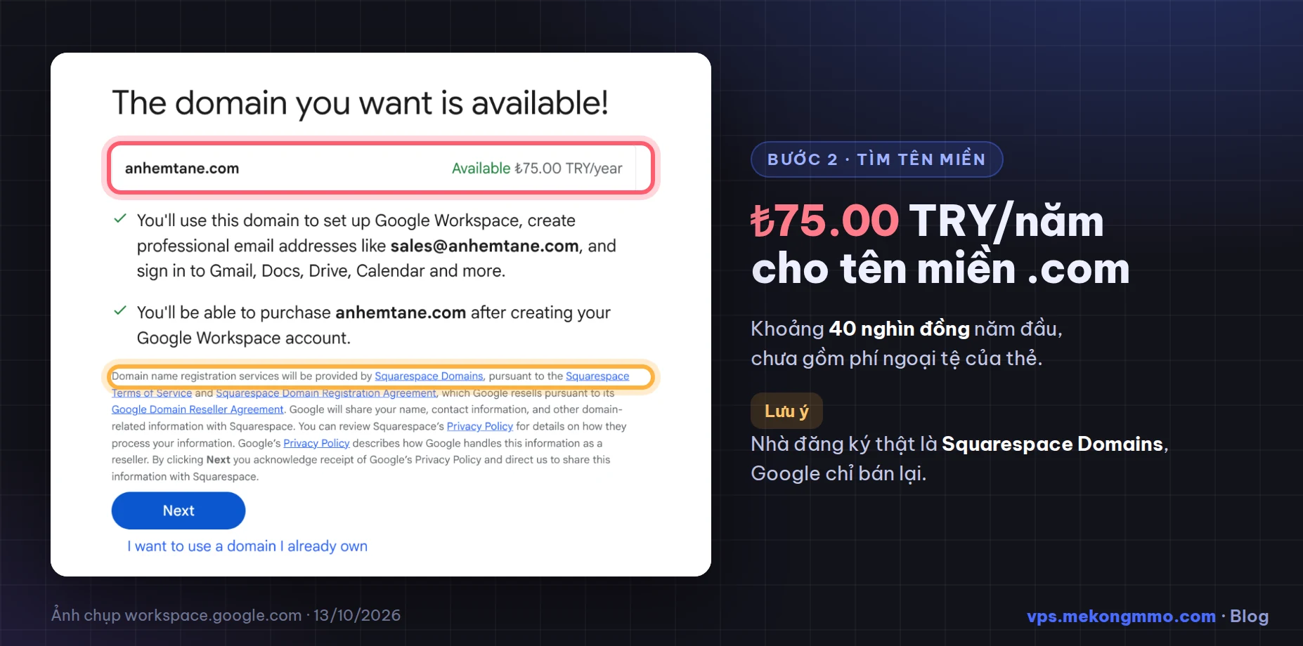Google Workspace báo tên miền .com còn trống, giá 75 TRY/năm, đăng ký qua Squarespace Domains